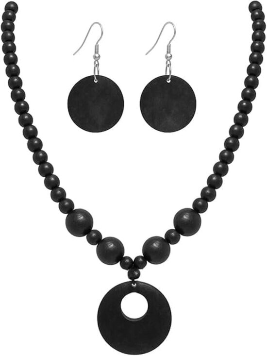 Jewelry - Red Natural Wood Round Beaded Strand Necklace, Chunky Bohemian Costume Jewelry f